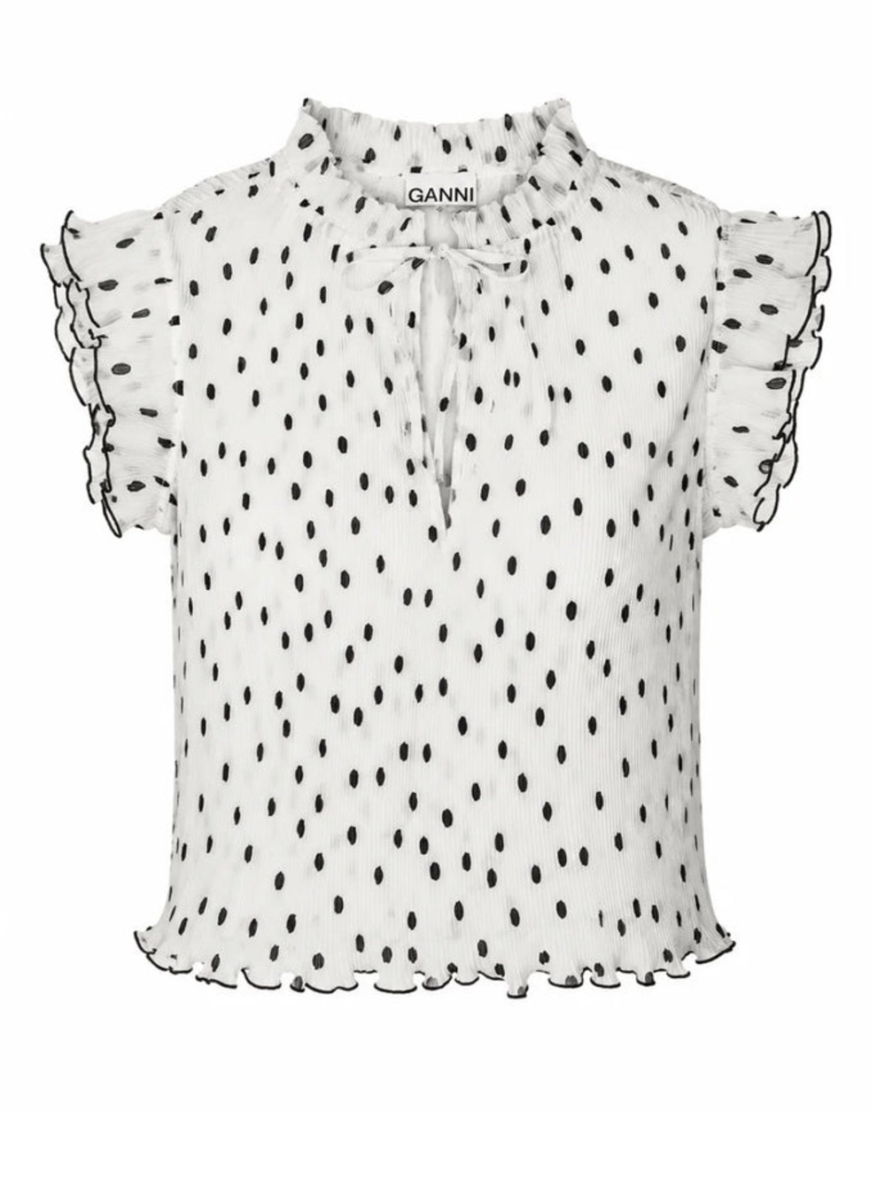 GANNI Pleated Polka Dot White Ruffle Sleeve Top EU 32 | XXS (US 0) NWT